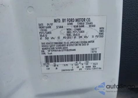 2007 Ford F-150 Fx4/Lariat/Xlt из США, поврежденный, VIN 1FTPW14V37FB25946